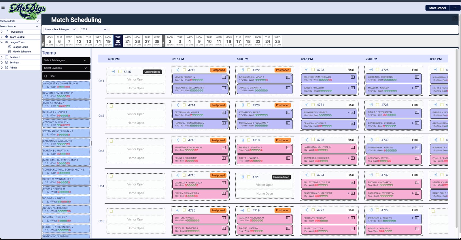 Mr. Digs Coach — match scheduling grid for a juniors beach league, five courts across an evening